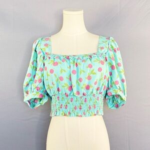 Blu Pepper Floral Puff Sleeve Blouse - Blue and Pink